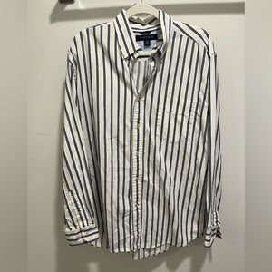 Tommy Hilfiger Mens Button Down Shirt Long Sleeve Vertical Striped White/Navy